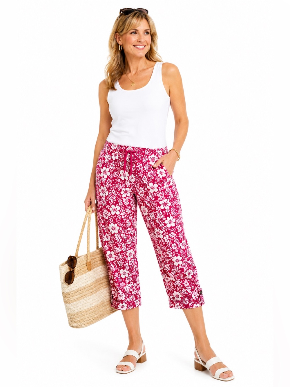 Palm Rio Vintage 90’s Tropical Floral Drawstring Capri Pants Pink White Sz. L